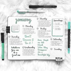 Green Bujo, Bullet Journal Weekly Layout, Bullet Journal 2019, Bullet Journal Page, Bullet Journal Notes, Journal Features, Bullet Journal Weekly Spread, Journal Layouts, Bullet Journal Spreads