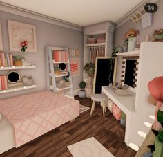 Bloxburg House Ideas No Gamepasses Blush, Bloxburg Blush Bedroom Ideas, Bloxburg Makeup Desk Ideas, Bloxburg Bedroom Inspo Aesthetic, Aesthetic Room Bloxburg, Club Roblox House Ideas Aesthetic Bedroom, Teen Room Bloxburg Ideas, Bloxburg Small Space Ideas, Bloxburg Blush Bedroom