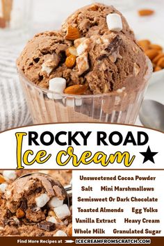 an advertisement for rocky road ice cream with chocolate and marshmallows in it