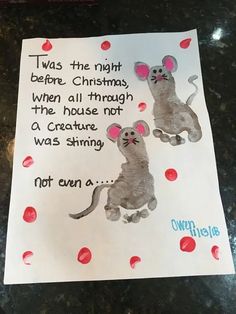 a handprinted christmas card with two mouses and the words i was the night before christmas, when all through the house not a creature was shiny