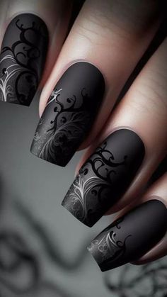 Warning: These nail art ideas may cause extreme jealousy and an overwhelming desire to promptly schedule your next appointment at the salon! So, if you’re not prepared to have the most enviable nails in town, it may be best to turn back now. . .  . Ongles Goth, Black And White Nail, Black And White Nail Art, Gothic Nails, Lace Nails, Stylish Nails Designs, Goth Nails, Matte Nails Design, White Nail Art