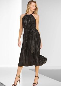 Woman's Black Pleated Halter Midi Dress for Events Belted Midi Pleated Party Dress, Belted Pleated Midi Dress For Party, Elegant Belted Pleated Dress For Party, Black Midi Dress With Pleated Bodice For Date Night, Chic Black Pleated Dress With Pleated Waist, Chic Black Dress With Pleated Waist, Chic Belted Pleated Dress For Evening, Chic Black Pleated Dress, Black Pleated Bodice Midi Dress For Night Out