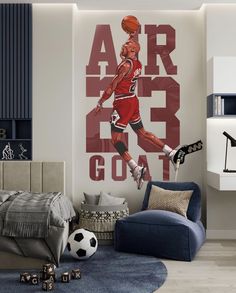 a bedroom with a basketball player mural on the wall and a soccer ball in the foreground