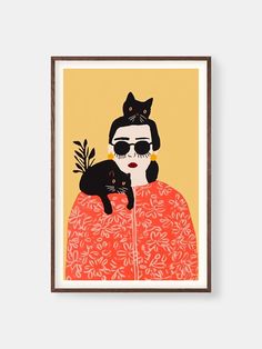 a woman holding a black cat in her arms and wearing an orange kimono with leaves on it