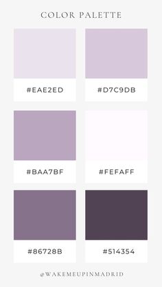 different shades of purple and white with the words color palette on each side, in various font