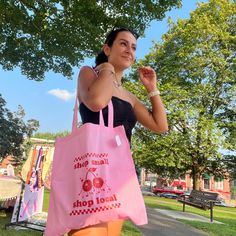 Shop small and local! This super cute pink tote bag has a red checkered and cherry design - it’s perfect for your everyday tote, farmer’s market bag or beach tote. 15” long x 14.75” wide Rectangular Grocery Shopping Bag For Summer, Rectangular Summer Grocery Shopping Bags, Retro Pink Bags For Summer, Retro Pink Summer Bags, Retro Pink Cotton Bag, Fun Pink Cotton Bag, Cherry Design, Pink Tote Bag, Red Checkered