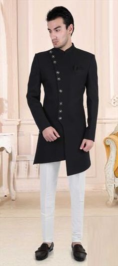 Black and Grey color IndoWestern Dress in Rayon fabric with Thread work Black Cotton Dress For Wedding, Formal Black Cotton Dress, Black Cotton Dress For Formal Occasions, Black Fitted Dress For Ceremony, Indo Western Menswear, Sherwani Pakistani, Indowestern Dress, Salwar Suit Designs, Indian Salwar Suit