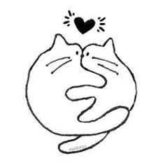 a black and white drawing of two cats hugging each other with a heart above them