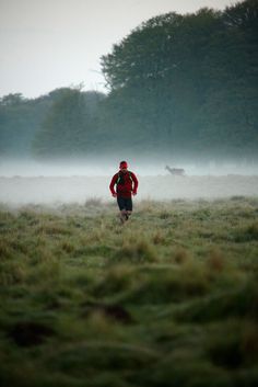 a man is running through the foggy field