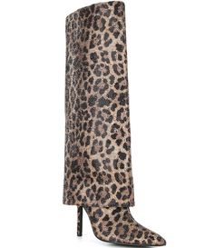 From Gianni Bini&#x2C; the Lizzie Leopard Print Rhinestone Foldover Tall Boots feature:Leopard printed satin and fabric upper with allover rhinestone embellishmentsPointed toe constructionFoldover pant leg detailFull inside zipper closureFabric lining4MM padded memory foam sockSynthetic outsoleApprox. 16.8" shaft heightApprox. 15.8" Standard calf shaft circumferenceApprox. 15.4" Narrow calf shaft circumferenceApprox. 17.6" Wid Leopard Costume, Leopard Print Boots, Print Boots, Trending Womens Shoes, Leopard Boots, Boot Print, Hot Shoes, Gianni Bini, Dillard's