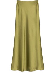 apple green satin finish elasticated waistband unlined flared hem long length Satin Maxi Skirt, Yoko London, Satin Maxi, Wardrobe Edit, Straight Skirt, Boots Fall, Green Satin, Exclusive Fashion, Green Skirt