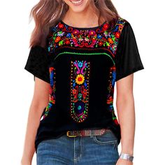 PRICES MAY VARY. Made from premium fabric, this short sleeve embroidered mexican tops for women is very soft and breathable, the lining is so friendly to your skin, super cozy to touch and extremely comfortable to wear for whole day. Featuring short sleeve, v neck and crewneck style to choose, floral embroidered, casual loose fit silhouette, this short sleeve floral mexican tshirts for women is so fashionable, the embroidered flower on the top is so exquisite and very eye-catching. This casual s Bohemian Print, Short Sleeve Pattern, Hipster Fashion, Boho Print, Floral Print Shorts, Loose Tops, Women's Summer Fashion, Amelie, Floral Shirt