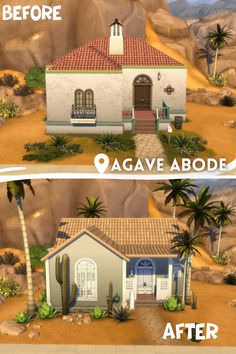 the before and after image of a house in virtual reality, with palm trees on both sides