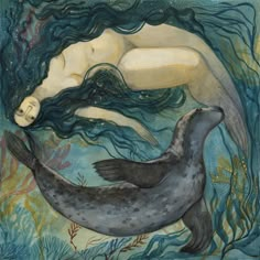 a painting of a woman swimming with a seal in the water and seaweed around her