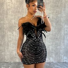 Great Quality Clothing Have A Question Please Feel Free To Ask Me I'm Open To Reasonable Offers No Trades Nwot Birthday Dress Sweet 16, Feather Dress Short, Black Feather Dress, Marriage Ideas, Birthday Inspo, Winter Fashion Outfits Casual, Birthday Outfits, Rhinestone Dress