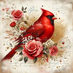 a red bird sitting on top of a flower filled branch next to pink roses and baby's breath