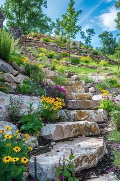 a garden with rocks and flowers growing on it