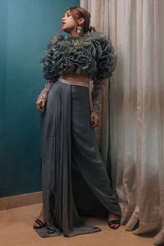 Shop for Masumi Mewawalla Grey Crepe Draped Skirt And Organza Ruffle Top for Women Online at Aza Fashions Organza Ruffle Top, Mindless Scrolling, As The World Turns, Embellished Sleeves, Maxi Skirt Style, Indian Look, Ruffle Crop Top, Women Skirt, Draped Skirt