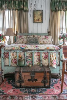 an old fashioned bed with floral bedspread and matching pillows is in the bedroom