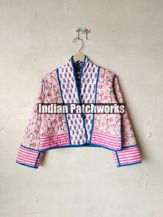 INDIAN PATCHWORKS " presenting beautiful cotton reversible kantha jacket. Buy it for the holidays! Looks fabulous over a long silk tank dress or palazzo pants. Or wear it with jeans and boots. Indian Handmade patch work Jackets, Coats, Boho ,Quilted, For Women`s Made In India Size - All Size WE INCREASE SIZE MEASURE AND UPDATED Small Size - Chest -38 inch Length- 20.5 inch Sleeves -23 inch Medium Size - Chest-40 inch Length- 20.5 inch Sleeves -23 inch Large Size - Chest- 42 Inch Length- 21 inch Spring Cotton Outerwear With Block Print, Cotton Block Print Outerwear For Spring, Long Sleeve Cotton Quilted Jacket With Buttons, Quilted Cotton Jacket With Buttons, Spring Cotton Quilted Jacket With Buttons, Traditional Patchwork Cotton Outerwear, Traditional Cotton Patchwork Outerwear, Traditional Pink Cotton Outerwear, Long Sleeve Cotton Nehru Jacket For Spring