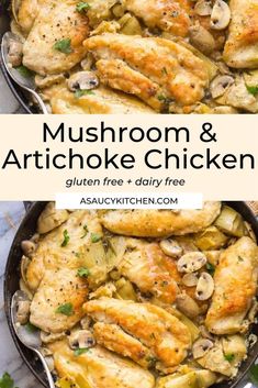 mushrooms and artichoke chicken in a skillet with text overlay that reads mushroom and artichoke chicken