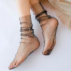 Feel Out Of This World. These Cute Socks Feature A Scrunched Sheer Tulle Fabric, Star/Moon Silver Glitter Accents, And An Over The Toe Style. Tulle Socks Loafers, Glitter Sheer Socks, Glitter Tulle Socks, Tulle Socks Pattern, Tulle Sock, Tulle Socks, Summer Sock, All Black Shoes, Mesh Socks