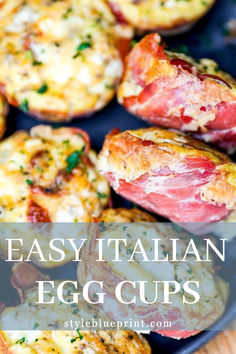 easy italian egg cups with ham and cheese in them on a blue plate next to other muffins