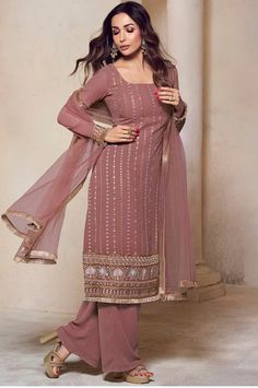 * Ethnic Motifs Embroidered Regular Thread Work Kurta with Palazzos & Dupatta Georgette Kurta Set / Silk Kurta Set / Pakistani Salwar Kameez / Indian Wedding Dress / Plus Size Cotton Dress / Traditional Indian Wear / Salwar Kameez Dupatta / Kurti Palazzo Set    * Pink & gold embroidered kurta with palazzos & dupatta * Kurta design:- * Ethnic motifs embroidered * Straight shape * Regular style * Square neck * Long, regular sleeves * Thread work detailed * Calf length length with straight hem * Ge Navratri Wedding Long Palazzo Set, Fitted Palazzo Set With Intricate Embroidery For Diwali, Eid Fitted Palazzo Set With Intricate Embroidery, Fitted Long Traditional Wear With Mirror Work, Long Fitted Traditional Wear With Mirror Work, Fitted Long Palazzo Set For Festive Occasions, Fitted Long Palazzo Set For Wedding, Fitted Festive Palazzo Set, Fitted Bollywood Embroidered Palazzo Set