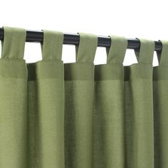 green curtains with black grommet rods on top and bottom are hanging in front of a white wall