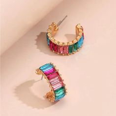 Rainbow Hoops Gold Earrings Gorgeous Rainbow Baguette Hoop Yellow Plated Earrings Colorful Hoop Earrings With Gold Detailing Purple, Blue, Yellow, Green, White, Hot Pink Cubic Zirconia Rhinestone Embellishments Such Cute + High Quality Earrings New - Perfect Condition One Size Ear Drop Height .9” & Width .4” Bright Rhinestone Diamond Cubic Zirconia Jewelry Fun Colorful Adinas Jewels Maison Miru Monisha Melwani Free People The Last Line Ross-Simons Swarovski Sydney Evan Anthropologie Eye Candy Lo Trendy Closet, Ear Drop, Vintage Vacation, Festival Birthday, Multicolor Earrings, Hot Miami Styles, Jennifer Behr, Love Culture, Cubic Zirconia Jewelry