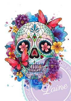 a sugar skull with flowers and butterflies on it's head, painted in watercolor