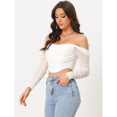 This attractive crop top features a mesh sheer long sleeve, the design of off-shoulder style, and a boned bustier. It is a must-have for any fashion-forward wardrobe. Styled with earrings, a necklace, a mini skirt, and high heels as your fashion look! Suitable for clubwear, daily, loungewear, party, school, work, office, winter, fall, summer, holiday, vocation, pub, bar, cocktail, night out, nightwear, dating. Shoulder Push Ups, Long Sleeve Corset, Cocktail Night, Party School, Up Party, Sheer Long Sleeve, Corset Crop Top, Off Shoulder Fashion, Pub Bar