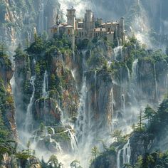 a castle on top of a mountain surrounded by fog and mist in the distance is a waterfall