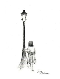 a drawing of a girl standing next to a lamp post