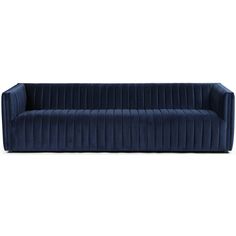 a blue velvet sofa with pleated detailing on the arms and back, viewed from the front