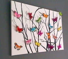 a white canvas with colorful butterflies on it