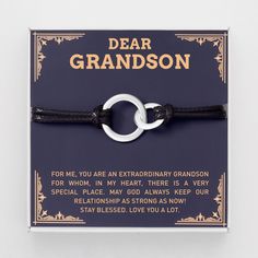 Express your love and support to your grandson with this unique bracelet. Comes in a beautiful gift box with a meaningful card ready to give.  INTERLOCKING CIRCLE BRACELET P R O D U C T ∙ D E T A I L S * Material: Handcrafted from High Quality 925 Sterling Silver & PU Leather Cords. * Finishing: Available in Silver, 18K Gold and Rose Gold- Plated version. * Size: This bracelet is fully adjustable by sliding the knots on both sides, as needed to fit most wrist sizes. * Dimensions: Small ring meas Adjustable Bracelets For Father's Day Gift, Adjustable Bracelets As Father's Day Gift, Father's Day Silver Jewelry Gift Box, Silver Jewelry With Gift Box For Father's Day, Personalized Bracelets For Birthday Gift On Father's Day, Inspirational Round Bracelets As Gift, Silver Jewelry With Message Card For Birthday, Father's Day Personalized Jewelry Gift, Adjustable Jewelry With Gift Box