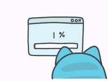 a blue cat laying on top of a pillow next to a computer screen with the word box 1 %