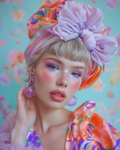 a woman with blonde hair wearing a pink flowered dress and large earrings, posing for the camera