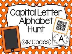 an orange and white polka dot background with the words capital letter alphabet hunt