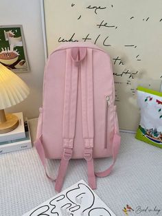 BirdinBag - Letter & Star Patch Decor Medium Classic Backpack: Stylish & Functional Back To School Shoulder Bag With Zipper Closure, Casual Portable Shoulder Bag For Study, Pink School Bags With Zipper Closure, Trendy Backpack With Zipper For Study, Trendy Backpack With Zipper Closure For Study, Pink Bag With Zipper For Back To School, Pink Bag With Zipper Closure For Back To School, Solid Shoulder Bag With Zipper For Back To School, Zipper Closure Shoulder Bag For Back To School