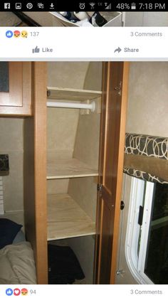 the inside of a small rv with shelves