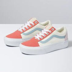 Vans Twill Old Skool Platform Pastel Block/True White VN0A5KX99MK. Vans Shoes Women, Basket Vans, Cute Vans, Old Skool Platform, Platform Vans, Vans Store, Preppy Shoes, Animal Print Shoes, Cute Nikes