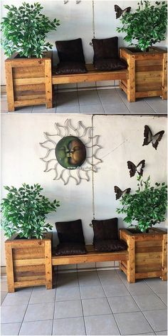 two pictures of a bench with plants and butterflies on the wall behind it, one is made out of wooden pallets