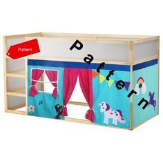 a child's play tent with curtains and unicorns on the side, for children