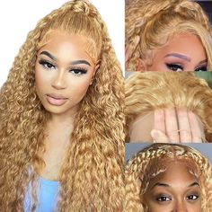 PRICES MAY VARY. 【Honey Blonde Curly Lace Front Wig Human Hair Material】 #27 Curly Lace Front Wig Human Hair is 12A Virgin Cuticle Aligned Unprocessed Human Hair Cut from Young Girl, No Animal, No Blend, No Dry End.Blonde Frontal Wig Human Hair is Very Soft and Bouncy, Ture to Length. 【Honey Blonde Human Hair Wig of Hd Lace 】 : The frontal lace of our blonde human hair wig is 13x4 hd ear to ear transparent lace, has a bigger parting space, you can do middle part and side part by your own wish. T Blonde Deep Wave, Hair Lights, Blonde Curly Wig, Deep Wave Human Hair, Color Rubio, Human Hair Wigs Blonde, Dyed Natural Hair, Curly Lace Front Wigs, Lace Front Wigs Human Hair