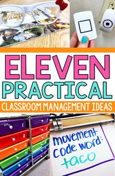 the cover of eleven practical classroom management ideas, including magnets and eyeglasses