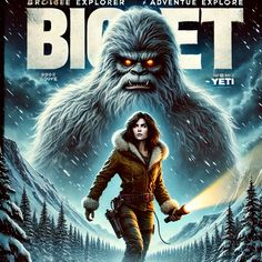 the movie poster for bigfoot, starring an action - packed yeti character with glowing eyes