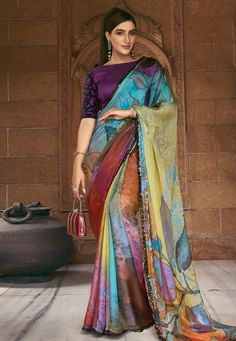 Multicolor satin silk saree with blouse 43811  Desc:  Color : Multicolor Fabric : Satin Silk Work : Printed Wash Care : Dry clean Sleeve Style : Half Sleeve Long Sleeves : Done only in Custom Stitch Sleeves Lining : Done only in Custom Stitch Bust Size : 32 to 40 Inches Occasion : Festival   Diwali   Mehendi   Vat Purnima   Raksha Bandhan   Karwa Chauth   Ugadi. With Express Free Shipping and Custom Stitching, Buy Designer Sarees - Indian Party wedding and bridal  Multicolor satin silk saree with blouse 43811 online in USA, UK and Canada from KollyBollyEthnics.com Diwali Mehendi, Vat Purnima, Wedding Ootd, Lehenga Style Saree, Satin Silk Saree, Wedding Saree Collection, Twitter Artist, Indian Party, Lehenga Style