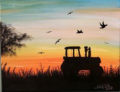 a painting of two people standing on top of a tractor in front of a sunset